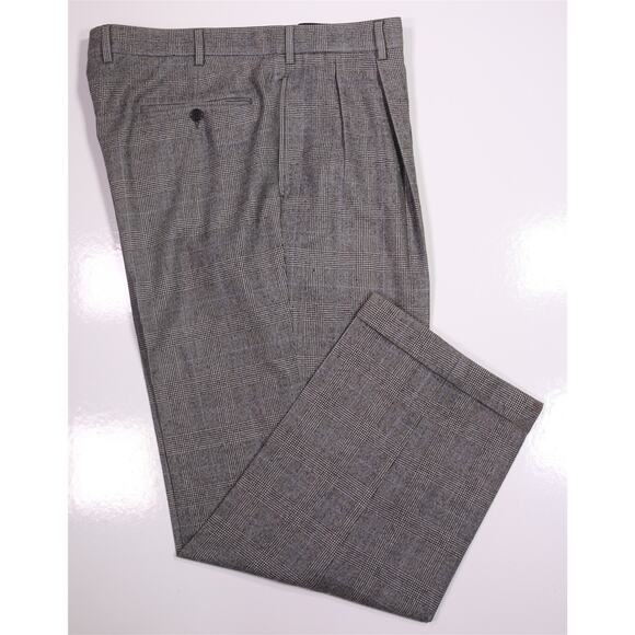 Brooks Brothers Gray Black Plaid Wool Fleece Pleated Dress Pants Trousers 38x28 - Picture 1 of 6
